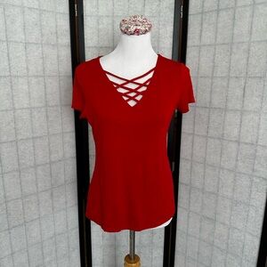 INC International Concepts Red Crisscross Short Sleeve Top